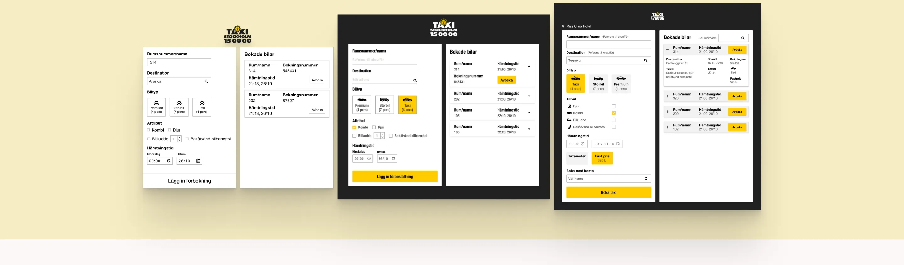 Three wireframe stages of the hotel booking assistant, from sketch to the final yellow-and-black interface