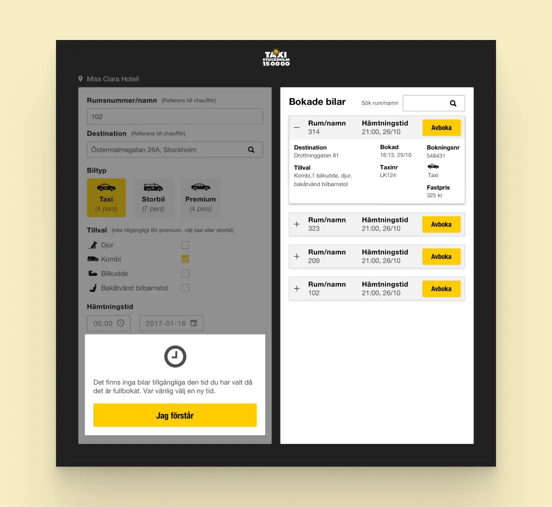 The booked cars list with pick-up times and cancel buttons for each room
