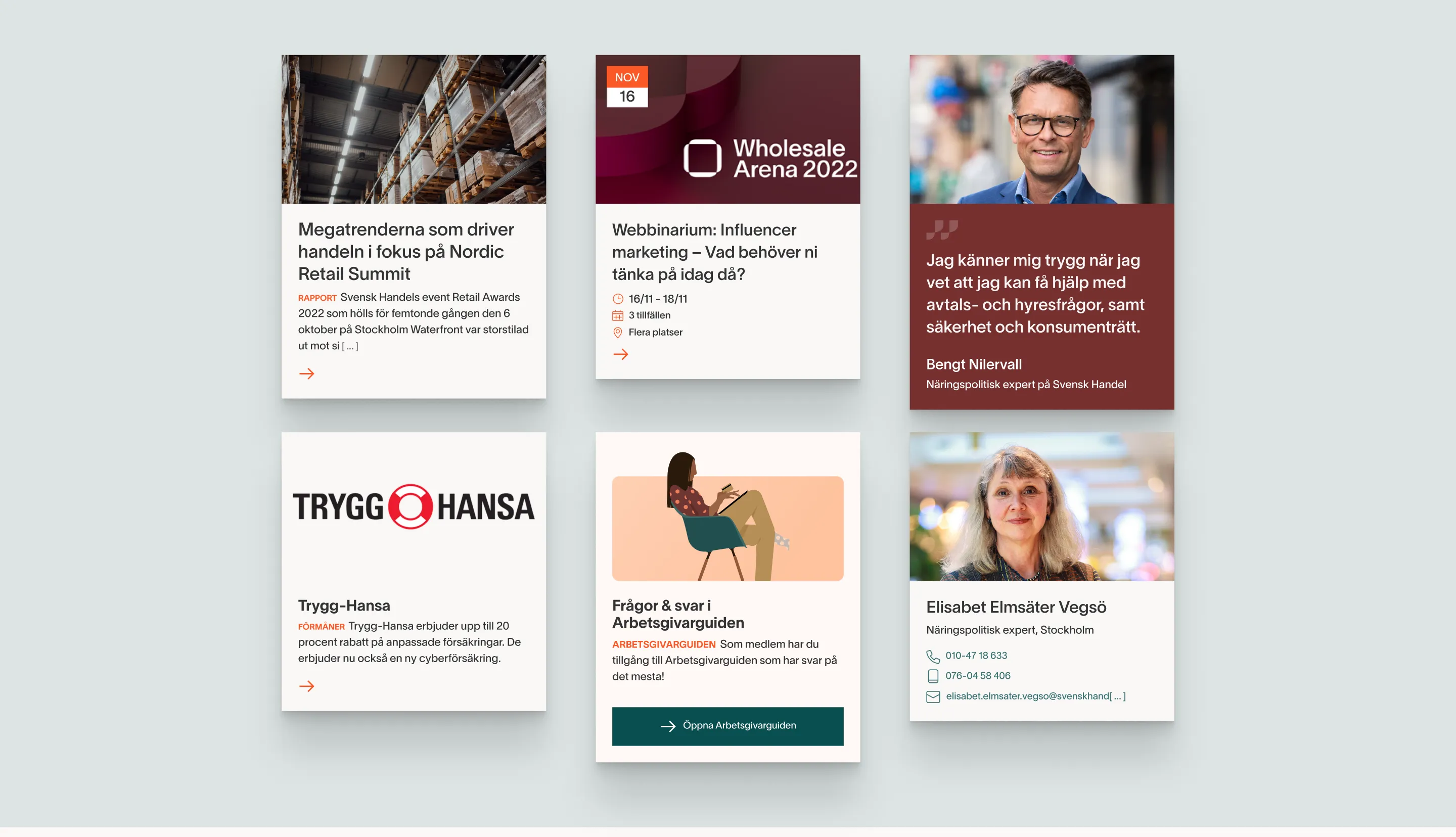 Six content cards from the new component library: news, events, member offers and profiles
